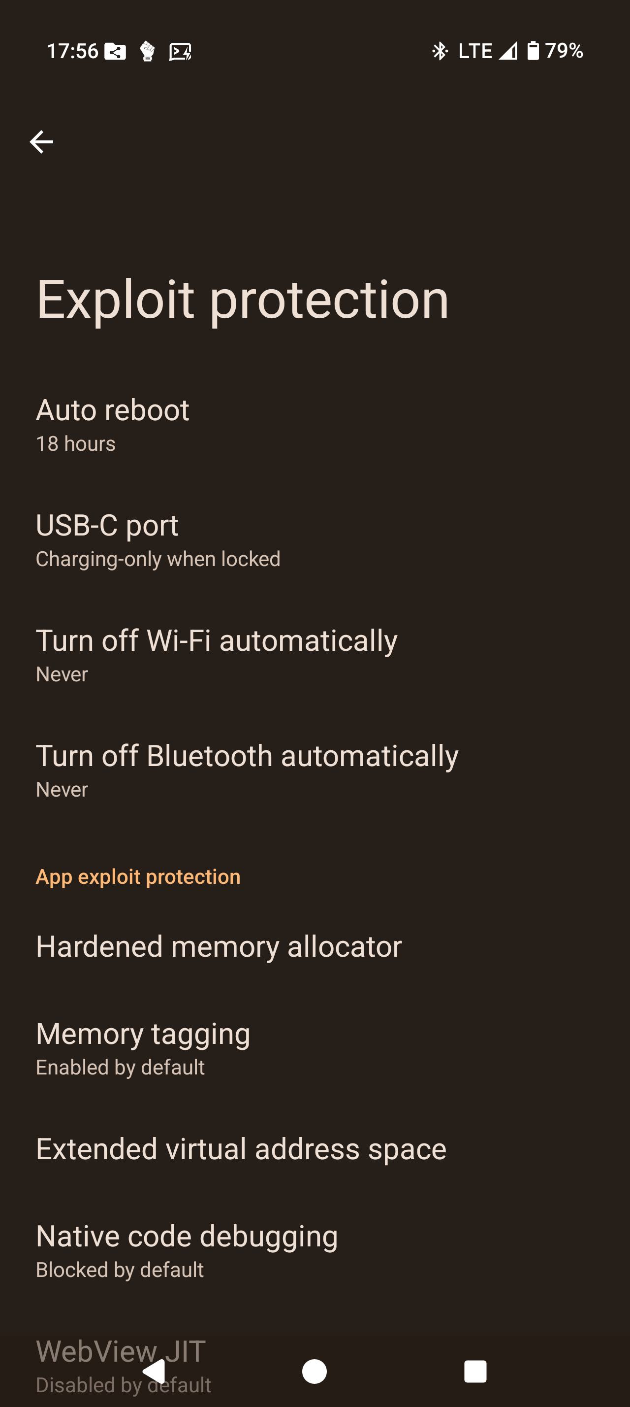 GrapheneOS's config page for default exploit protection (each app can be given individual settings overrides too)
